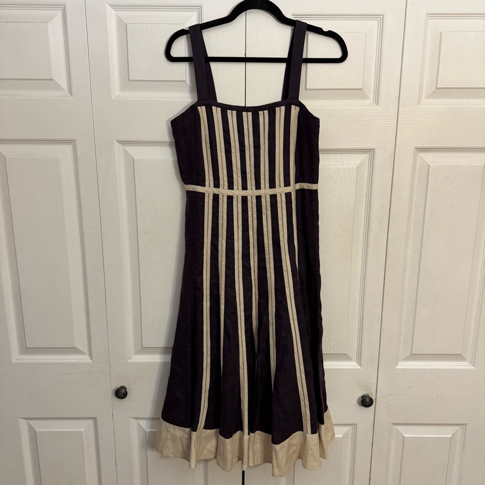 Fenn Wright Manson 100% Linen Striped Purple And Cream Dress Petite 12
